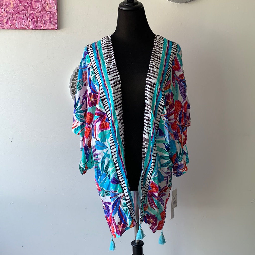 La Blanca Tropics Of Tropez Kimono Style Colorful Floral Swim Coverup